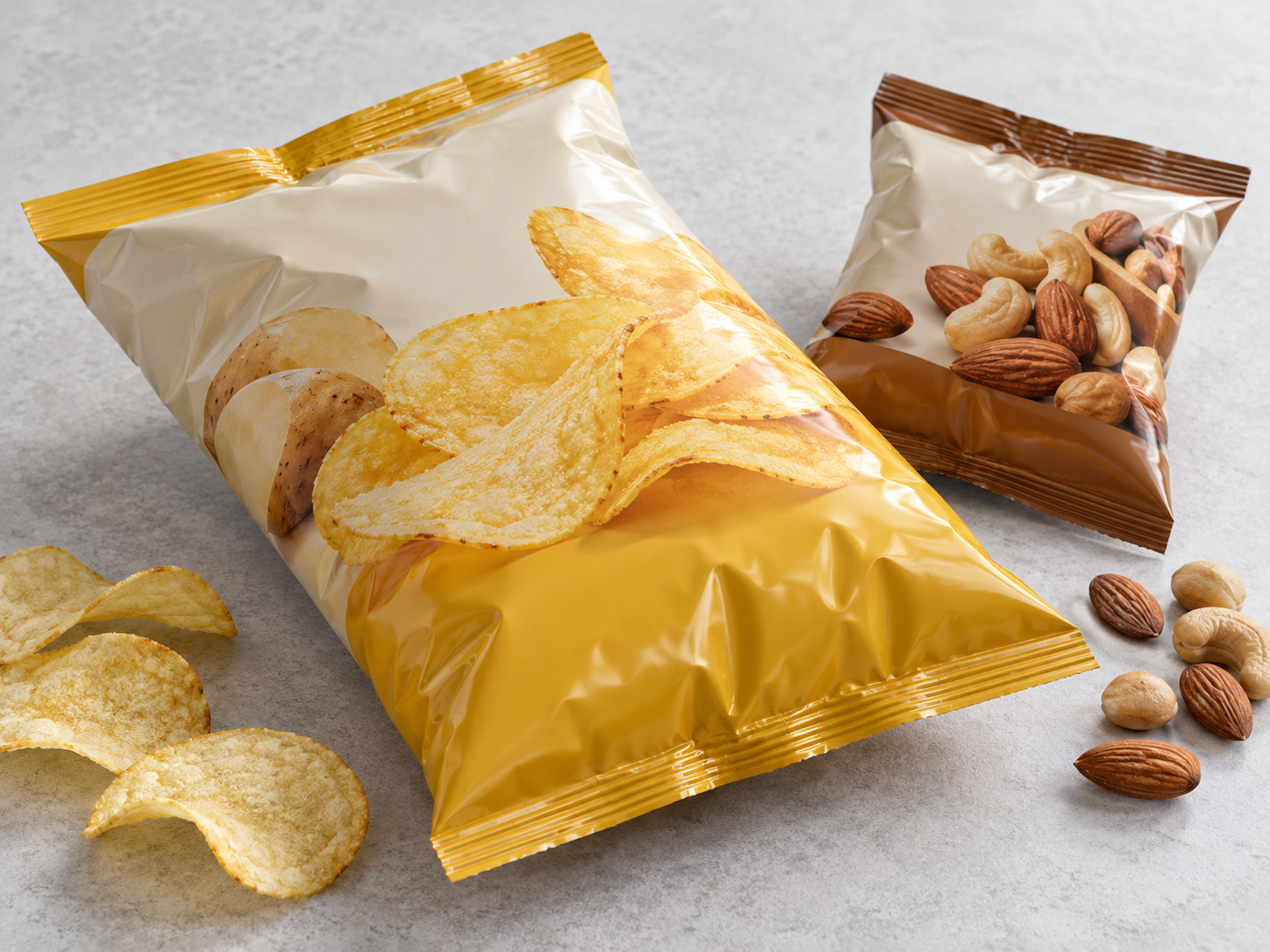 Sealed, inflated potato chip and nut packaging.png