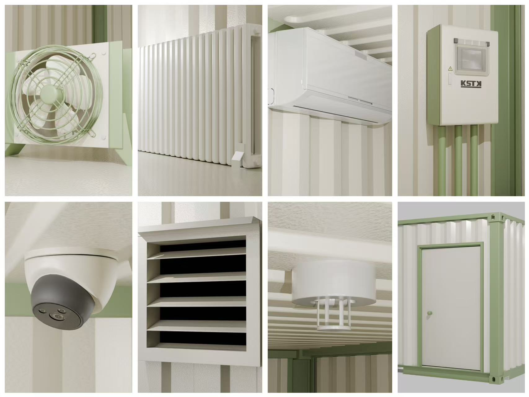 Containerized gas station with air cooler, heater, air conditioner, control panel, surveillance camera, louvers, and smoke detector.png