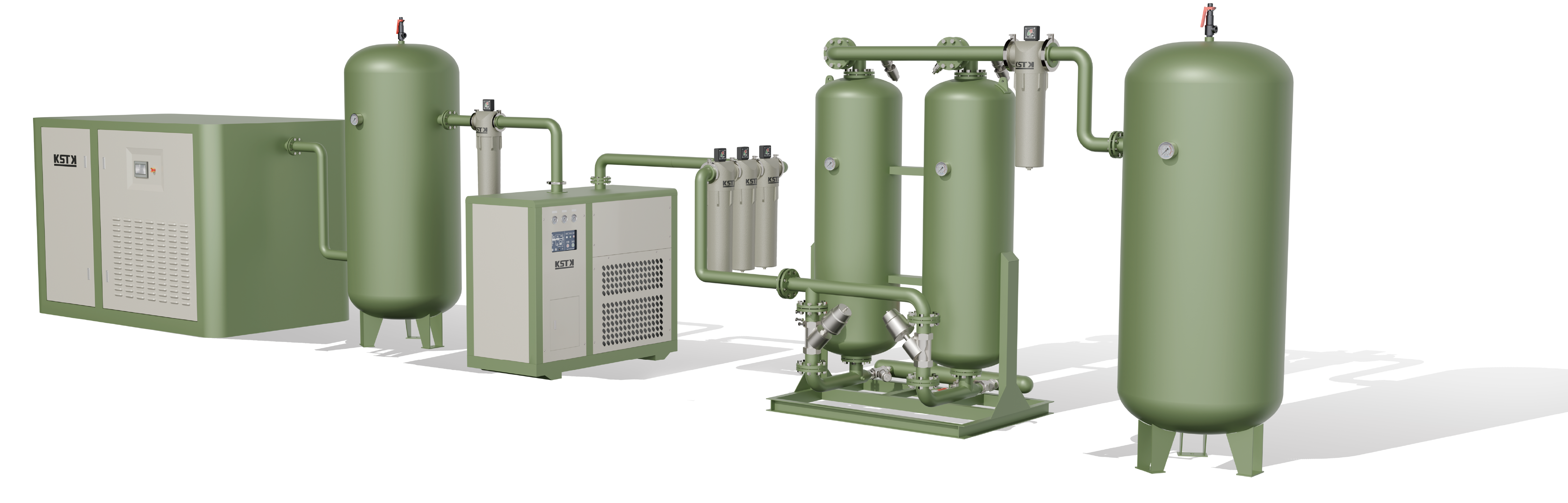 KSTK Industrial Air Treatment System Including Compressor, Air Receivers, Dryers, Filters, and Piping